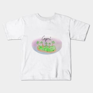 Capri watercolor Island travel, beach, sea and palm trees. Holidays and vacation, summer and relaxation Kids T-Shirt